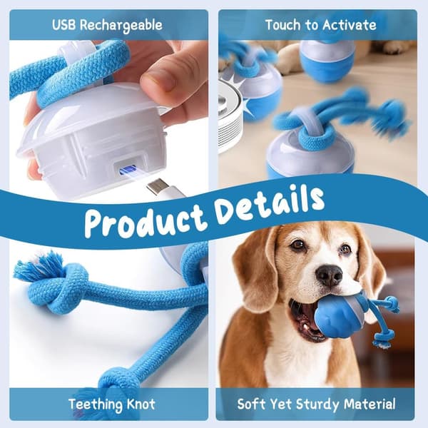 Upgraded Smart Interactive Dog Toy Ball, Squeaky Electric Automatic Rolling Moving Pet Ball, with Rope.