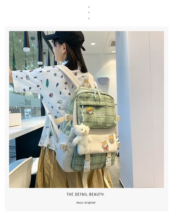 Five-piece School Bag Large Capacity Shoulder Bag Includes Bear Pendant-985 Green