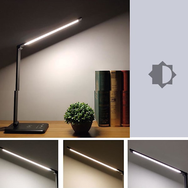 LED-pöytälamppu, himmennettävä pöytälamppu 6W langattomalla latauksella ja USB-latausliitännällä, silmien suojaava lukulamppu, 5 kirkkaustasoa, kosketuspaneeli