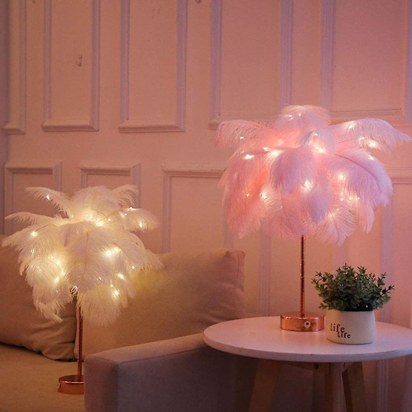 Moderne og unik stor lyserød ægte forårsdekoreret fjer skygge lampe