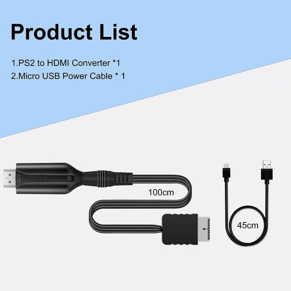 HDMI-konverteradapter PS2 HDMI-kabel 1m/3.2ft HDTV-videokonverter HDMI-skærm understøtter alle PS2-visningstilstande