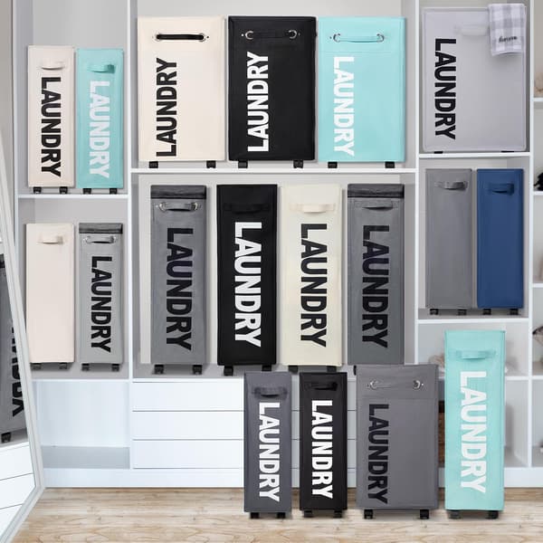 Rolling Slim Laundry Hamper with Wheels and Metal Frame, Foldable Tall Storage Bin for Corner, 15.3\" × 7.4\" × 22.4\"