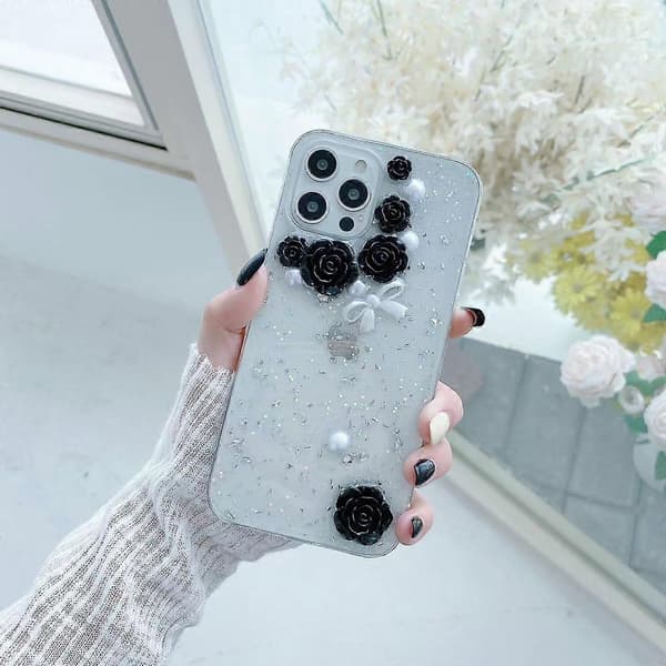 För iPhone 12 mini 3D Pärlrosett Ros Glitter Epoxy TPU Telefonfodral