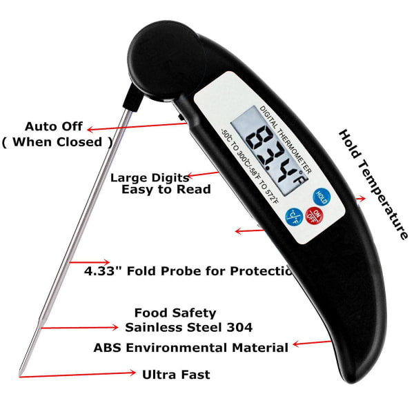 Mattermometer Elektronisk Tidtagning Multifunktionell Grilltermometer Svart