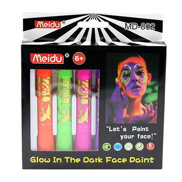 6-pack Glow in the Dark ansiktsfärgkritor UV svart ljus smink Neon ansikte och kroppsfluorescerande set