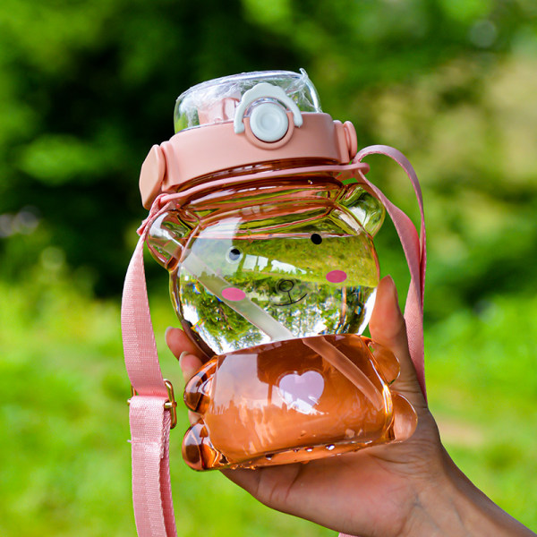 Frøvandflaske, Sød grøn frøvandflaske, Bærbar klar lækagetæt plastiksportsvandflaske med sugerør og rem (pink)