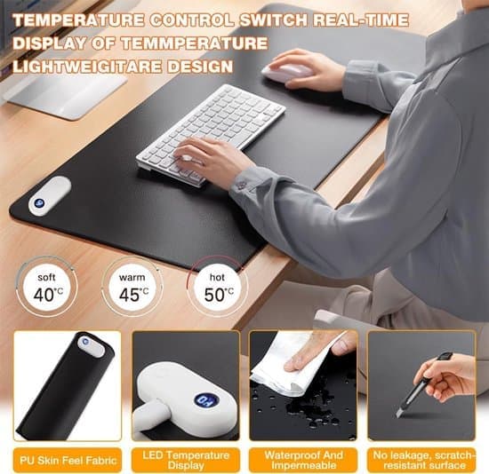 Heated Mouse Pad Waterproof Desk Mat 3 Temperature Settings Automatic Shut-off PU Leather [Ho]