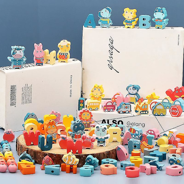 Treleker med dyr og frukt for barn - Perler, sensorisk læring, utdanningsleker, gavebrev, 26 deler