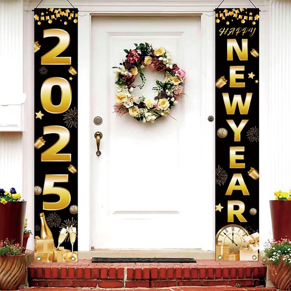 Sort Happy New Year Dørbanner, sort nytårsaften banner eller vil skabe en ekstravagant stemning til din nytårsfest 2025