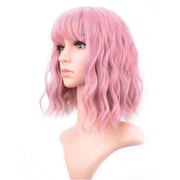 Vågigt peruk med luftlugg dam kort lila rosa lockigt axellång syntetisk daglig användning färgglad cosplay peruk för flickor (12\", lila rosa)
