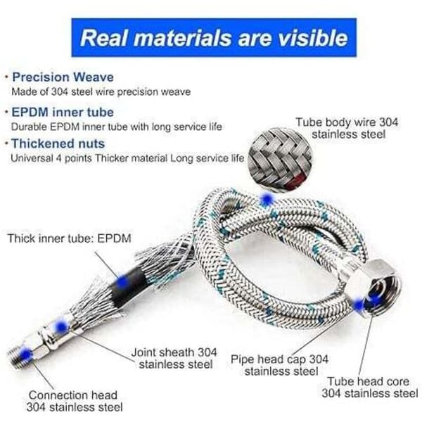 Connection hose G 3/8 DN6, 80 cm long, for water tap, compression thread flexible water pipe 2 rooms (1 pair)