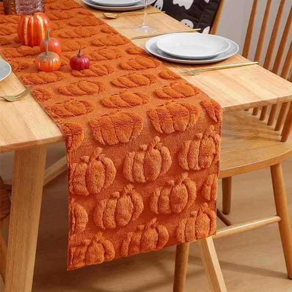 Halloween & Autumn Table Runner - Pumpkin Embroidered Cotton Tablecloth, Washable Long Runner for Dining Table & Home Decor (33x183cm)