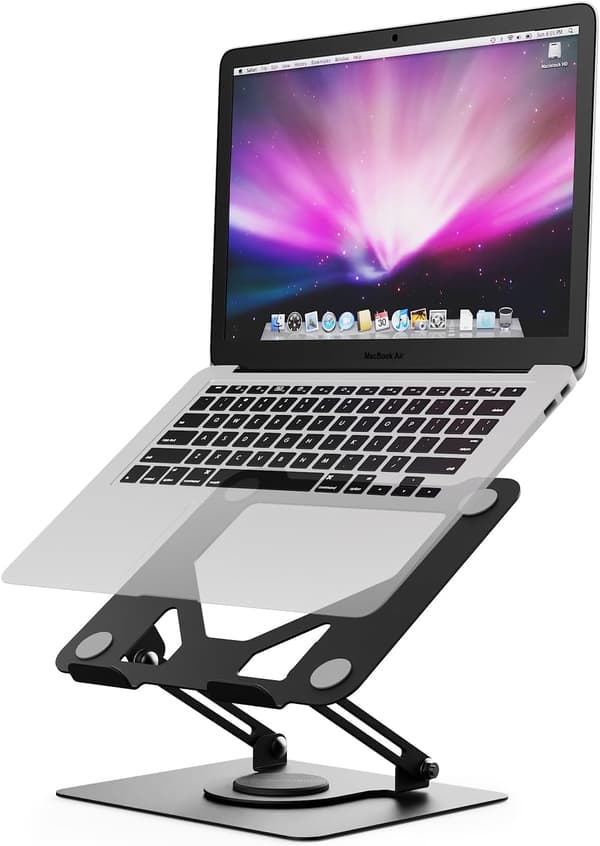 Laptop Stand for Desk, Foldable Laptop Stand with 360° Swivel Base, Adjustable Height & Angle, Ventilated Computer Stand Compatible