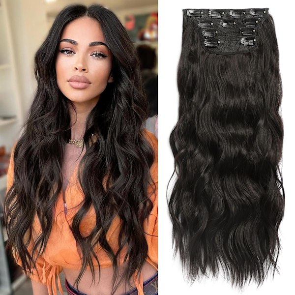 Clip-in Syntetiske Hår Extensions Lange Bølgete 4 stk. Tykke Hårdeler Brunette Brun Fiber Dobbel Weft Naturlige Hår Extensions 20 tommer for Kvinner