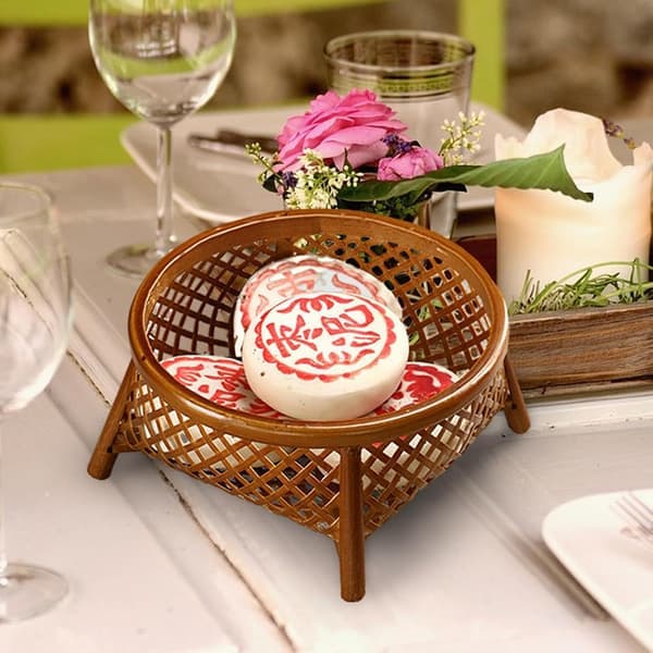 Handwoven Bamboo Fruit Basket, 14cm Round Multifunctional Breakfast and Storage Tray for Kitchen, Cafe, Restaurant Decor [Ho]