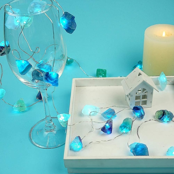 Naturlig fluoritt strenglys Batteridrevet med fjernkontroll Sea Glass Raw Stones Dekorative lys 6,5 fot 20 Leds strenglys For soveromsfest Indoo
