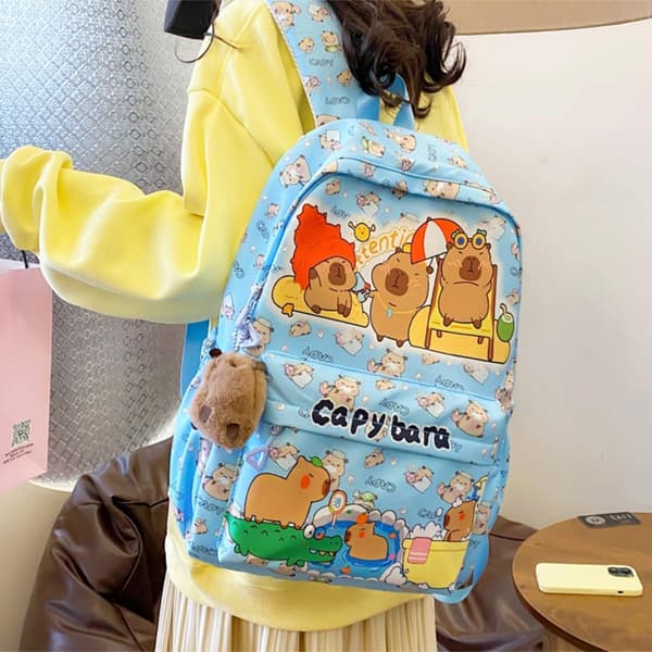 Cute Capybara Backpack Brown Large Capacity Water-Resistant Cartoon School Bag