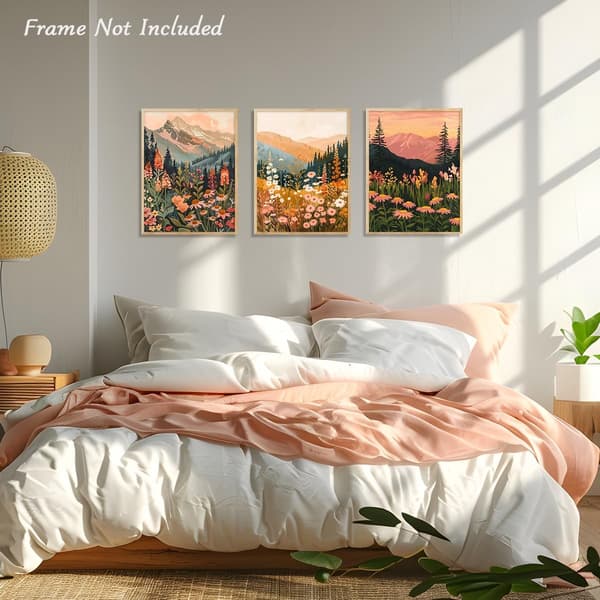 Set med 3 väggkonst i boho-stil föreställande blommande berg, 30x40 cm (Ram ingår ej)