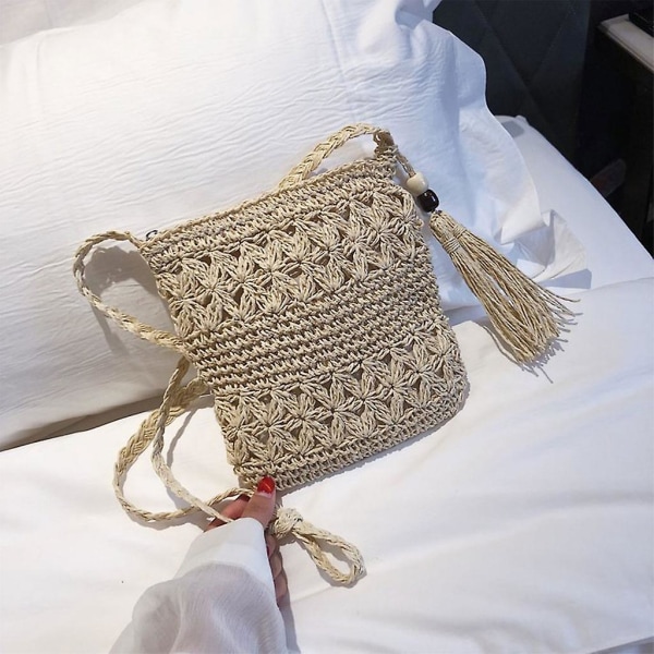 Kvinders Strand Flettet Halm Skulder Messenger Taske Med Kvast Boho Hullet Ud Hæklet Crossbody Håndtaske Makrame Pung Khaki