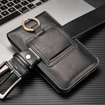 Men's Belt Holster, Leather Belt Pouch for Mobile Phone, Universal Fit (Black)