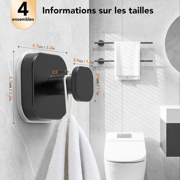 Powerful Suction Cup Hooks, 4-pack Black, No Drilling, Stainless Steel for Kitchen and Bathroom, Smooth Surfaces