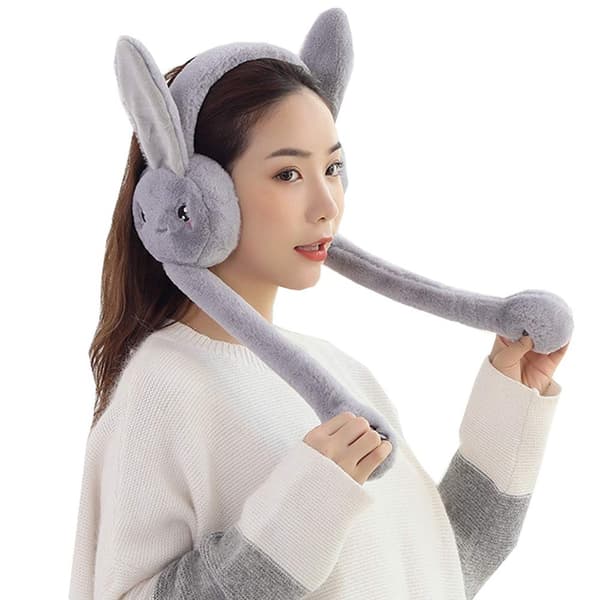 Women's Winter Plush Earmuffs, Rabbit Design with Moving Bouncing Bunny Ears, Windproof and Padded Earmuffs [Grey] Gray