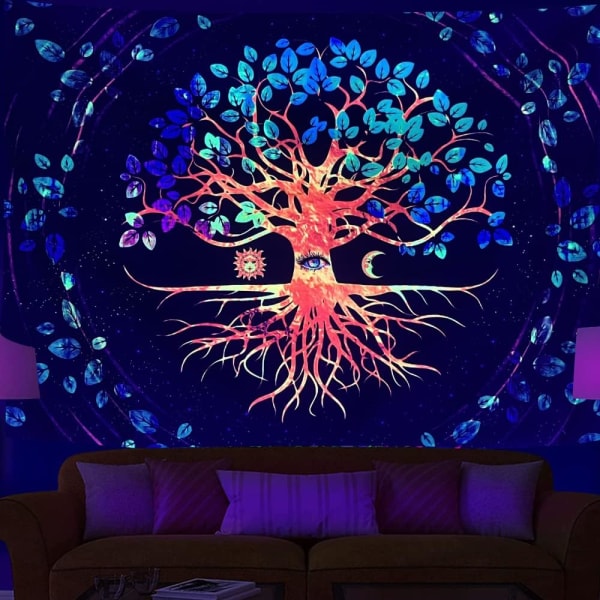 Blacklight Tapestry Tree of Life UV-reaktiv Sol Måne Plant Vægophæng Fantasy Træ Væg Tapestry Æstetisk Boligdekoration Væg
