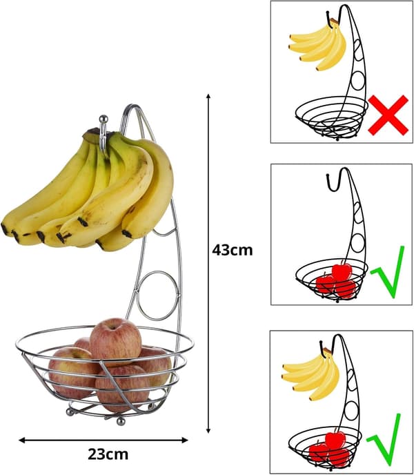 Frugtkurv Frugtskål med Banankrog 43cm Høj, Trådfrugtskål - Sølvforkromet Finish