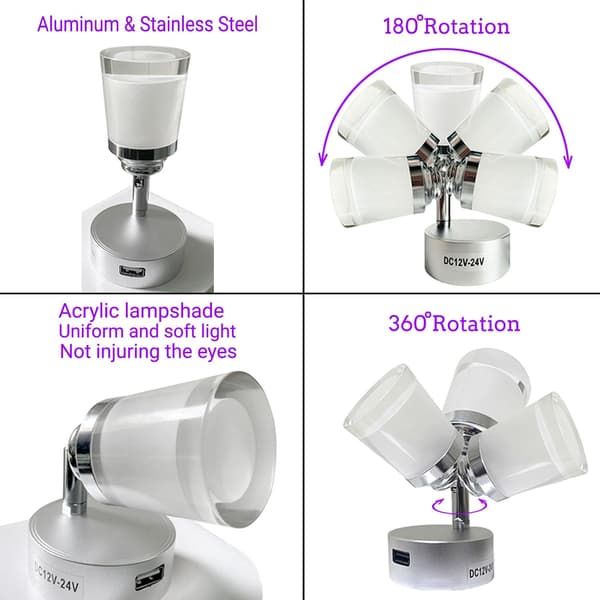 12V LED-lampe til autocamper med USB, 3W, touch-dæmper, 3 farver (2 stk.)