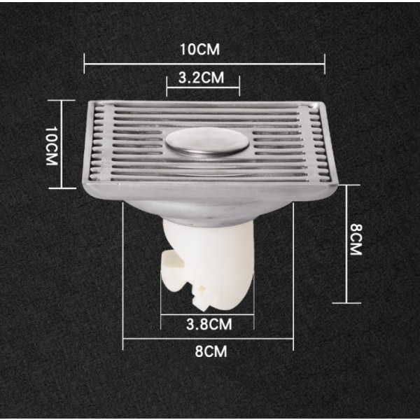 Gulvrist i rustfritt stål, deodorant 10 cm tykk firkantet 304 rustfritt stål gulvrist vaskemaskin bad dusj stor drenering