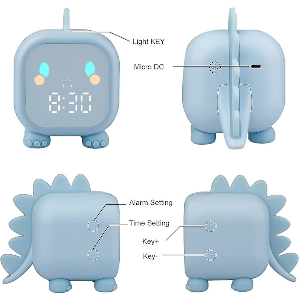 Barnealarmklokke Digital, Dinosaur Alarmklokke Med Nattelykt Snooze Timer Temperatur Barne Søvn Trener, Alarm (1stk) Blå