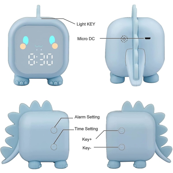 Børnealarmur Digital, Dinosaur Alarmur Med Natlys Snooze Timer Temperatur Børne Søvn Træner, Alarm (1stk) Blå blue