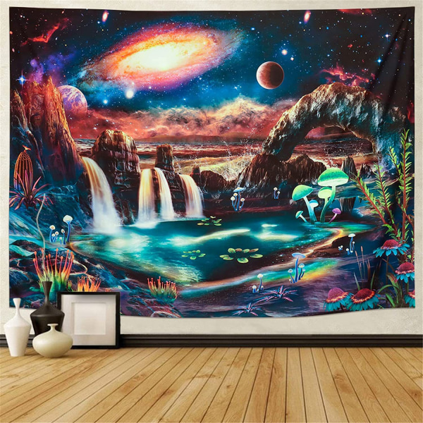 Blacklight Galaxy Tapestry, Burning Sun Space Bergsjö Landskap Gobelänger för sovrum Vattenfall Mystiska växter Väggupphängning