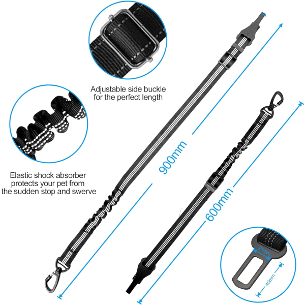 2 stk Hundebilbelte, Tre i én, Justerbar, med støtdempende elastisk pute, justerbar elastisk nylon og sikkerhetslås, for alle katter og hunder.