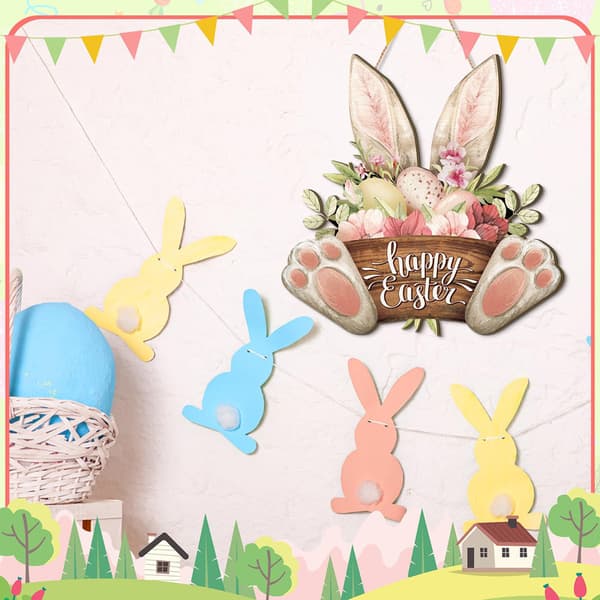Easter Wreath, Wooden Easter Wreath for Front Door, Decorative Easter Bunny, Happy Easter Door Sign, Decorative Wreath Suitable for Easter B-style