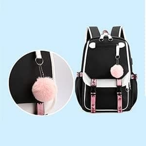 This cute black backpack is designed for teens and girls, has a USB port and has a large capacity.