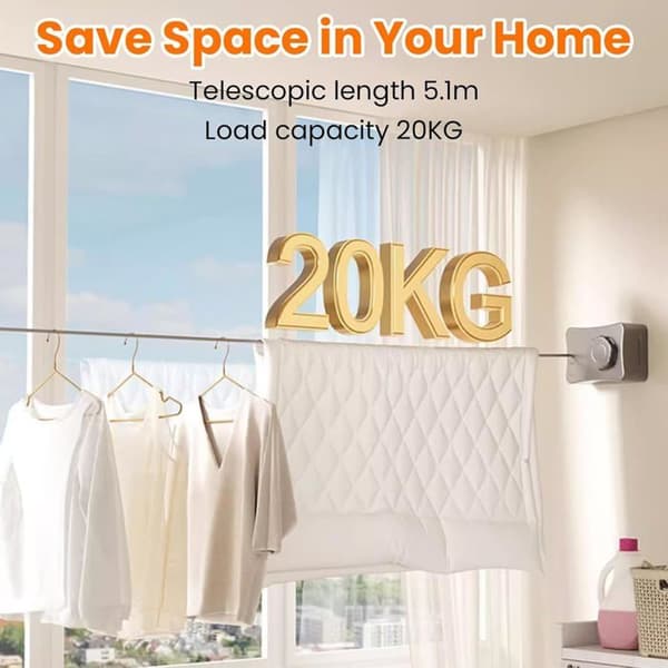 Retractable Clothesline, 5.1M Retractable Clothesline, Outdoor Retractable Clothes Drying Rack, Wall Mounted Clothesline, Laundry Line