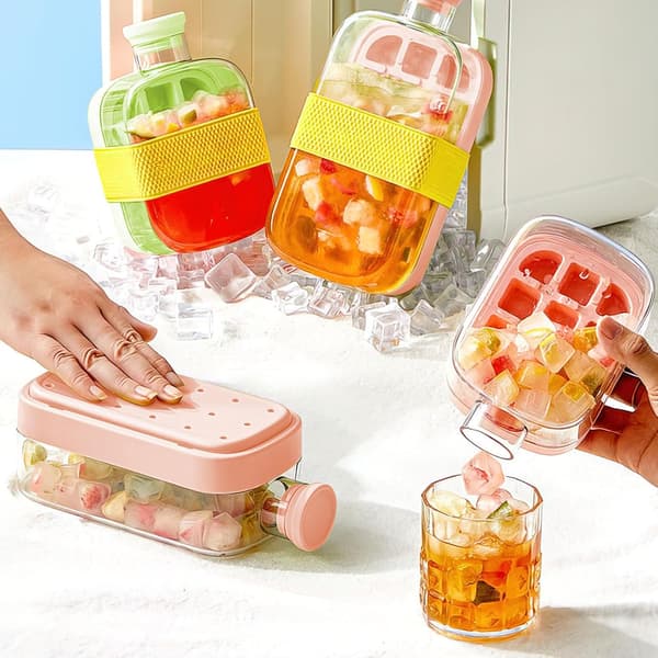 Ice Cube Bottle 2-in-1 Ice Cube Mold with Lid and Strap Easy to Press to Release Vertical Cool Summer Ice Cube Tray for Freezer Portable and