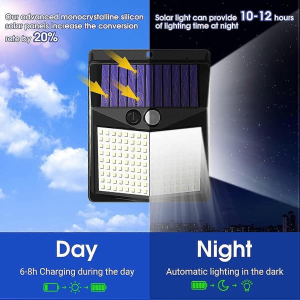 Utendørs solcellelamper, 238 LED solcellelamper med bevegelsessensor og 3 moduser, 270° vidvinkel, IP65 vanntett solcellevegglampe