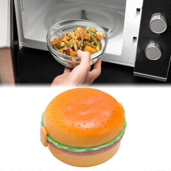 Cartoon Hamburger Lunch Box, 3 Compartment Bento Box with Fork and Spoon Food Storage Container for Kids Adults Work