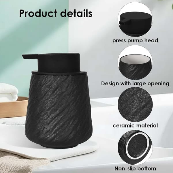 400 ml Ceramic Liquid Soap Dispenser with Black Push Button Foam Pump, Textured Surface, Reusable