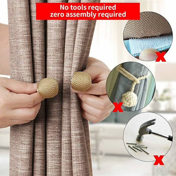 2 Pak Magnetiske Gardinbindere til Gardiner, Draperier, Stue Kontor Dekoration, Ingen Værktøjer Krævet (Guld)