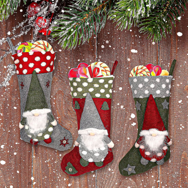 Julestrømpe sokker gavepose (47 * 26 cm), 3 stk Store sokker gavepose julepynt, hengende strømper til peis, juletre, sesong