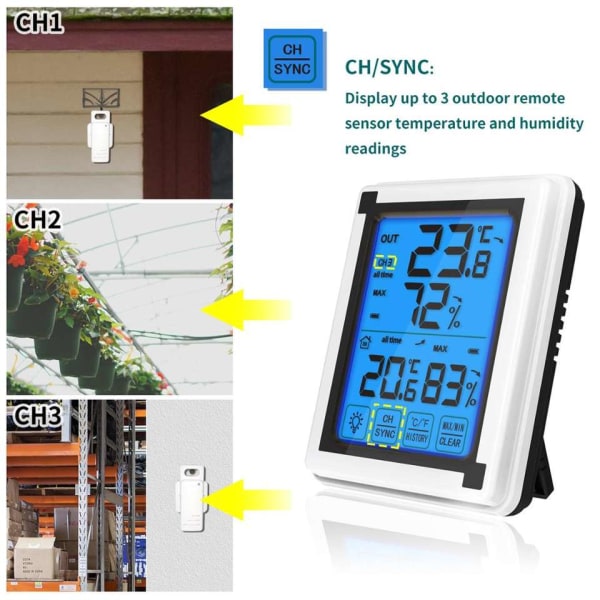 Hygrometer Fuktighetsmåler - Trådløs innendørs utendørs termometer med 1 ekstern sensor - Romtermometer for hjemmet,