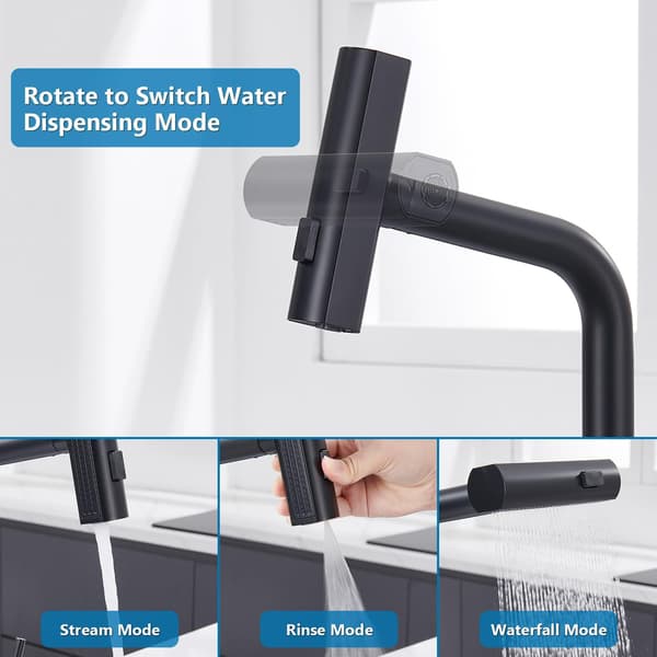 Black Kitchen Faucet with Waterfall, Kitchen Faucet with Pull-Out Spray 3 Modes, Retractable 360° Rotating Stainless Steel