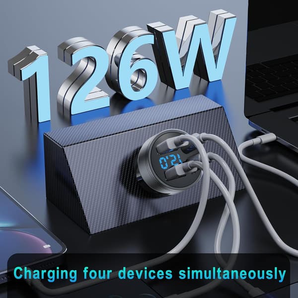 126W Biloplader USB C PD QC3.0 Hurtig Opladningsadapter med LED Voltmeter til iOS Android Tablets Telefoner