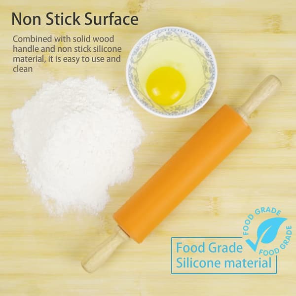 Silicone Rolling Pin, Non-Stick Surface, Wooden Handle (38 cm)