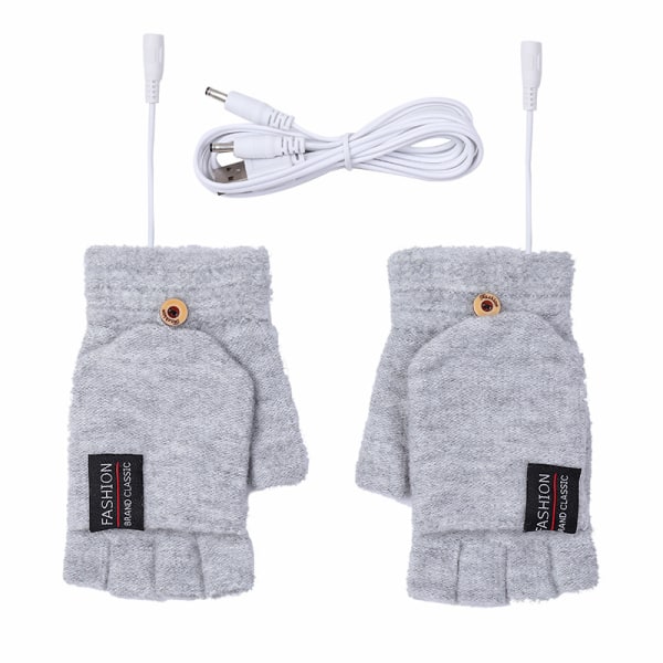 USB-uppvärmda handskar för kvinnor och män, vantar, vinter, varma händer, laptop-handskar (grå), fullständiga och halv-uppvärmda fingerlösa handvärmare