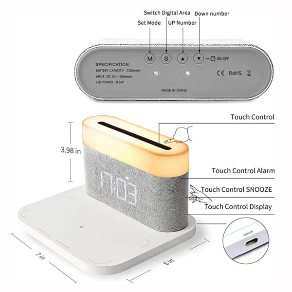 Flat 15W Trådløs Lading Nattelys Vekkerklokke, Digital Vekkerklokke med nattlys, Berøringsstyrt Sengelampe med A