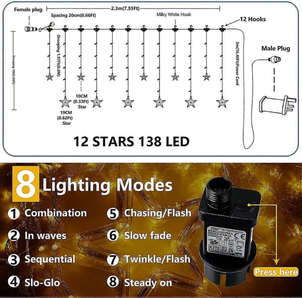 Outdoor Christmas Decoration 138 Led 8 Modes, String Lights with 12 Stars, String Lights